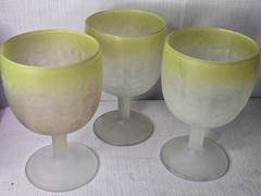 Satin Frosted Yellow RIM Glass Goblet Thumbprint Bartlett Collins Schooner Set 3