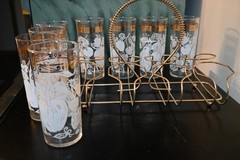 8 VTG Federal WH Painted Fruit goldtrim Glasses Tumblers&Caddy wire Gold handle