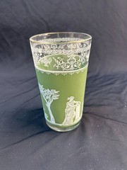 VINTAGE JEANNETTE GLASS GREEN GREEK HELLENIC (5″) 10 oz TUMBLERS (Set of 12)