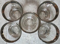 Vintage Culver Whiskey Low Ball Clear Glasses Gold Teal Band Edge Set of 5, 6oz