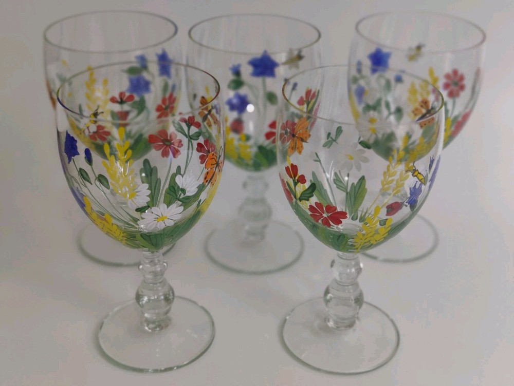 5 Goblets Hand Painted Royal Danube Garden Flowers Crystal Glass