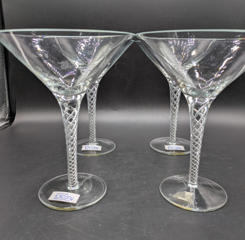 Toscany Martini Glass Set of 4 Hand Blown Twisted Braid Stem Romania 8 oz