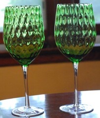 Vtg 9.5″ Set 2 EMPOLI ITALY Hand Blown GREEN TEARDROP OPTIC Water Goblets 1960s