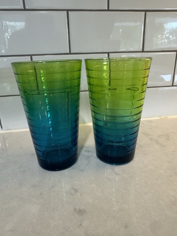 Libbey Ombre Green& Blue Glasses Hoop Design 2Tone Set Of 2 16oz