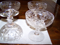 ANTIQUE HIGH QUALITY ETHCHED CRYSTAL FOOTED CHAMPAGNE COUPES: SET OF 4