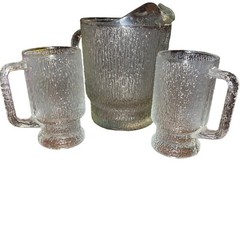 Indiana Glass Crystal Ice Pitcher 2 Footed Mugs Tree Bark Vintage