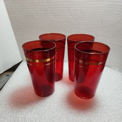 Set of 4 Royal RUBY RED Glass Tumblers with Gold Bands Anchor Hocking 1950’s