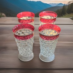 Set of 4 Glass Tumblers Clear with Red Rim Textured Pattern Round Glossy