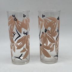 Vintage retro pink and black floral highball Iced Tea glass / barware – set of 2