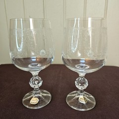 2 Vtg ‘80s Cascade Bohemian Etched Crystal Ball Stem Goblets Queens Lace NWT