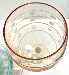 Set of 2 Laura Glasses Blue,Peach Etched Balloon Shape Wine Goblets 8 1/2”