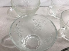 Vintage Glass Punch Bowl Cups (Set Of 8) Grape Design