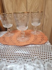 Bartlett-Collins St. Genevieve Clear Gold Trim Wine Water Goblets Set of 3 Vtg