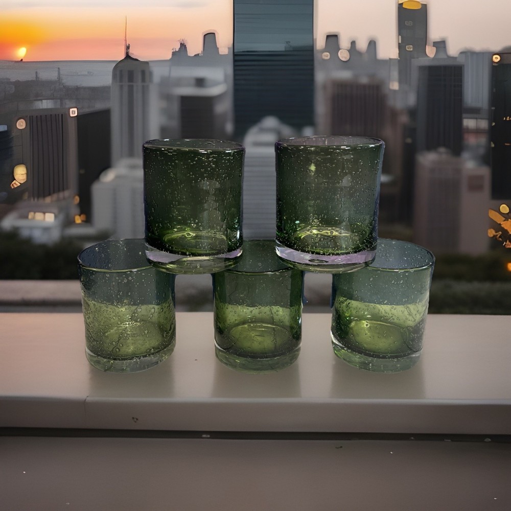 Set Of 5 Artland Iris Sage Green Seeded Hand Blown Double Old Fashioned Glasses