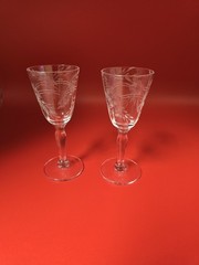 Set Of 2 Vintage Clear Etched Floral Crystal Cognac Cordial Glasses