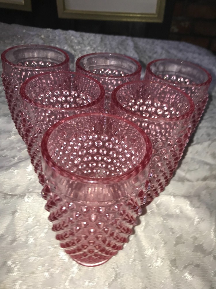 Vintage Set of 6 LE SMITH Glass PINK Raised HOBNAIL 13oz Drinking TUMBLER 5½» T