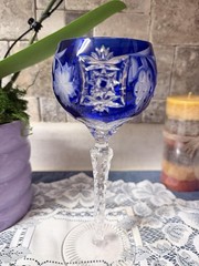Bohemian Cobalt Blue Cut Crystal Wine Glass Floral Grapes Tall Stemware Decor
