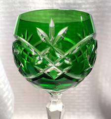 AJKA/FIFTH AVE WINE GLASS EMERALD GREEN CUT TO CLEAR CRYSTAL BOHEMIAN HUNGARY