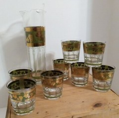 CERA MCM 22K GOLDEN GRAPES GREEN BAR ROCK 8 GLASSES + PITCHER – 10 PCS SET