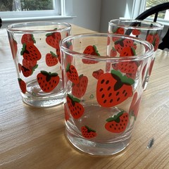 Vintage 1970s Set Three Strawberry Glasses Colony Glassware 4.25 Inch Signed