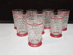 SET OF 8- Vintage Anchor Hocking Hobnail Tumblers Red Base & Stripe IN CARRIER!