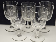 Set Of 5 Antique Boston & Sandwich Or NE Glass Wheel Engraved Flint Goblets «K»