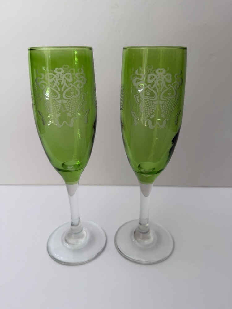 Green Champagne Flutes with Clear Stem Etched Asian Etchings Glasses Set Of 2