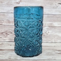 Teal Glass Tumbler High Ball Hand Blown Artisan 5.25″ Tall