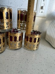 Morphew Abode 1960s Culver Burgundy Art Deco & 22k Gold Lowball Cocktail Glasses