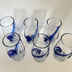 Set Of 6 Libbey Blue Ribbon Glasses 12.8oz. Goblet Tumbler Footed Clear Blue 6″