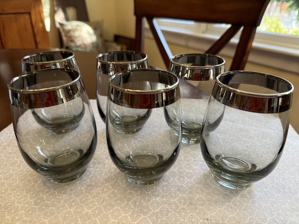 Vtg LIBBEY Glassware TEMPO Smoke Gray Short Tumbler Rocks, Set Of 7, Silver Band