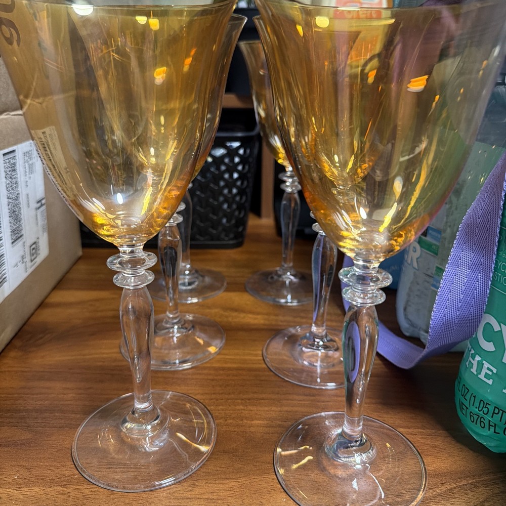 Set Of6 pier one 1 Gold/Amber Flaired Luster Wine Glosses 9″ High/RONA Slovakia