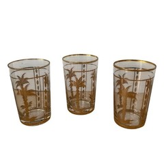 Vtg MCM Gold Palm Tree Design Drinking Glasses Tumblers Set of 3 Gold Accents