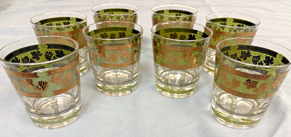 Set of 8 Cera MCM Golden Grapes Green Flat Tumbler Glasses