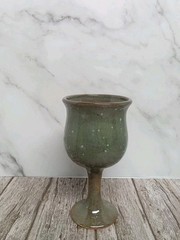 Studio Made Art Pottery Chalice/Goblet Stemmed Greenish Gray 10 Floz