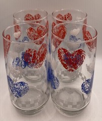 4 Anchor Hocking Red, White & Blue Patriotic Sponge Hearts 16 Oz 6” Tumblers EUC