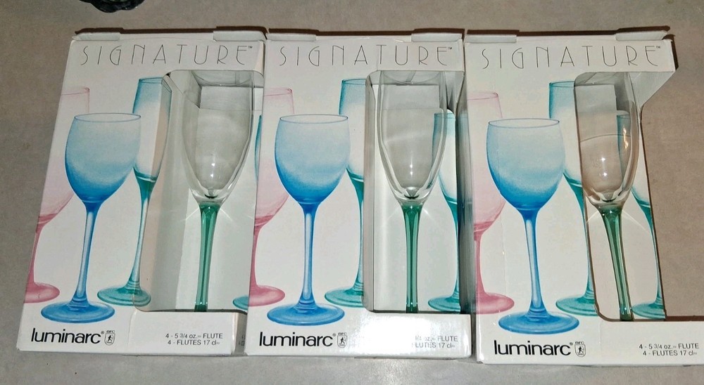 VTG Luminarc Champagne Flutes with Turquoise Stems Clear Bowls Set of 6 France
