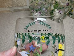 4 Vintage Godinger Hand Painted Stemless Wine Glasses Signed Florals Butterflies