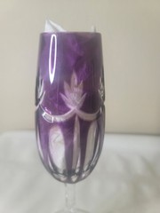 Set of 2 Crystal Green & Purple Cut 8-7/8″ CHAMPAGNE FLUTE GLASS Unmarked