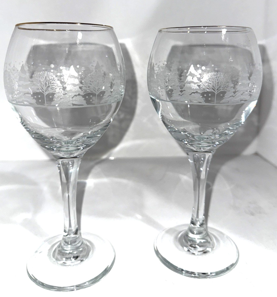 2 Vintage wine glasses, Lynn’s China Winter Snow Trees Gold Rim 7 3/4” Tall