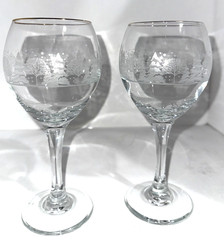 2 Vintage wine glasses, Lynn’s China Winter Snow Trees Gold Rim 7 3/4” Tall