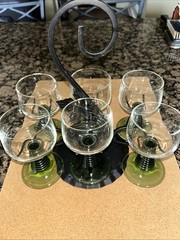 6 Vtg Green Bee Hive Wine Drinking Glasses W/Metal Carrier Germany 100ML