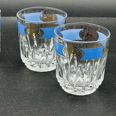 4 Vtg Mid Century Italian Old Fashioned Whiskey Glasses Azure Blue Gold Scroll