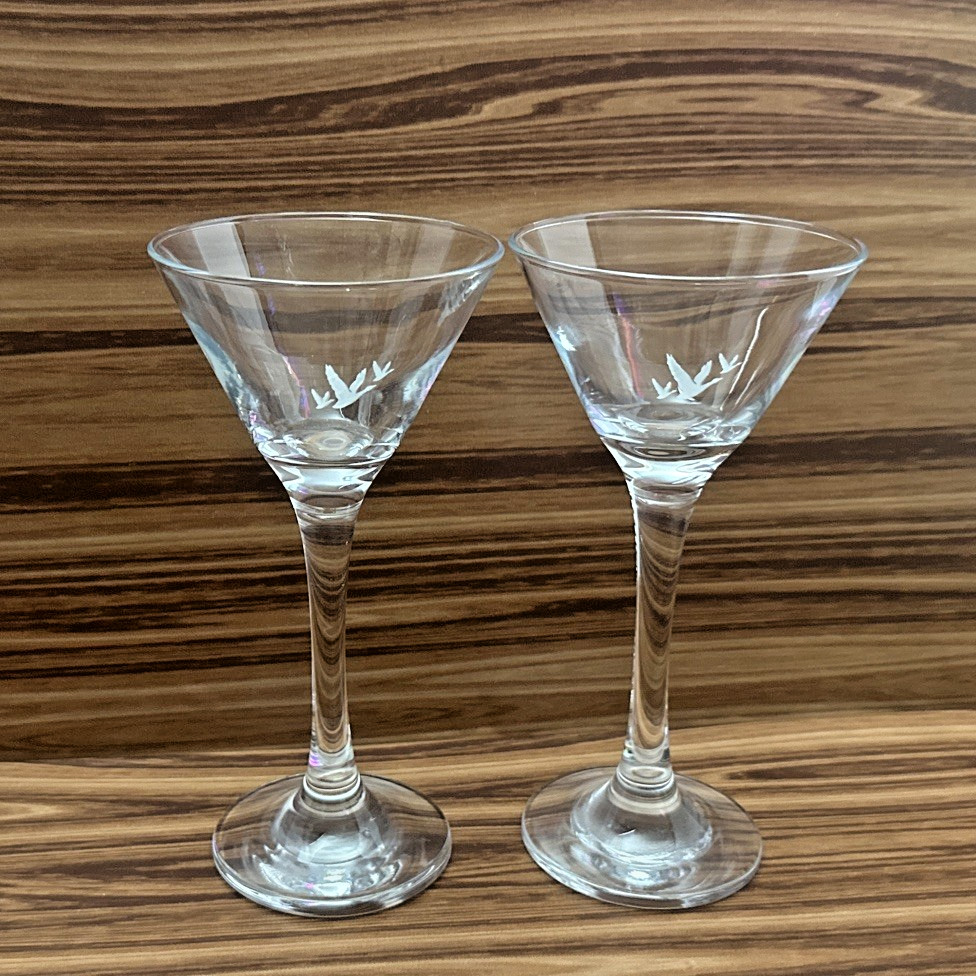 2 Grey Goose Vodka Triple Goose Logo Martini Glasses Tall Stem 7” Etched Glass