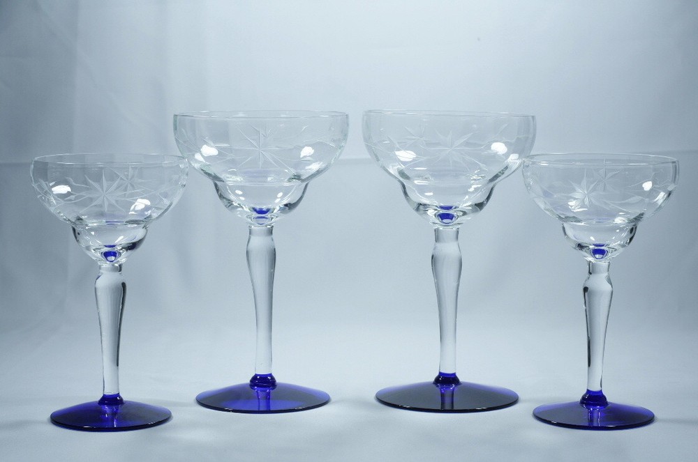 WESTON COBALT STAR FLOWER FLORAL 6 1/2″ CHAMPAGNE-S/2 & 5 1/2″ GOBLET-S/2-4 PCS