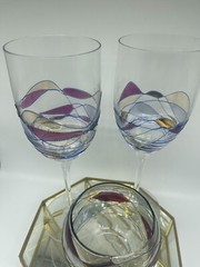 Stain Glass Tall Wine Glasses (2), PartyLite Water Calypso design + Bowl