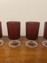 6 Vintage ARCOROC Red Small Wine Glasses Clear Stems & Bases Made in France 4 oz