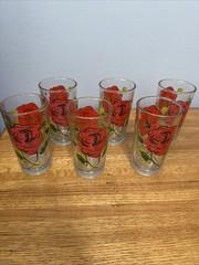 RETRO Vintage RED ROSE KIG Indonesia Drinking Juice 12 oz. GLASSES Set of 6 MCM