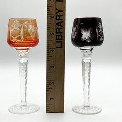 Bohemian Czech Cut to Clear Crystal Cordial Goblets 4 Colors Purple Green Blue