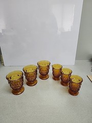 6 Vintage Indiana Glass Colony Whitehall Cubist Amber Glasses 3-4 1/4″ & 3-3 3/4
